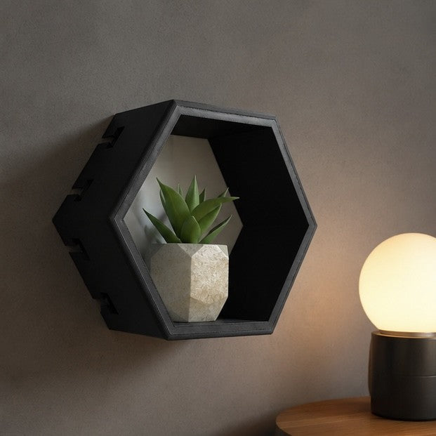 Matte black hexagonal wall shelf with white back panel holding a succulent, mounted on a gray wall